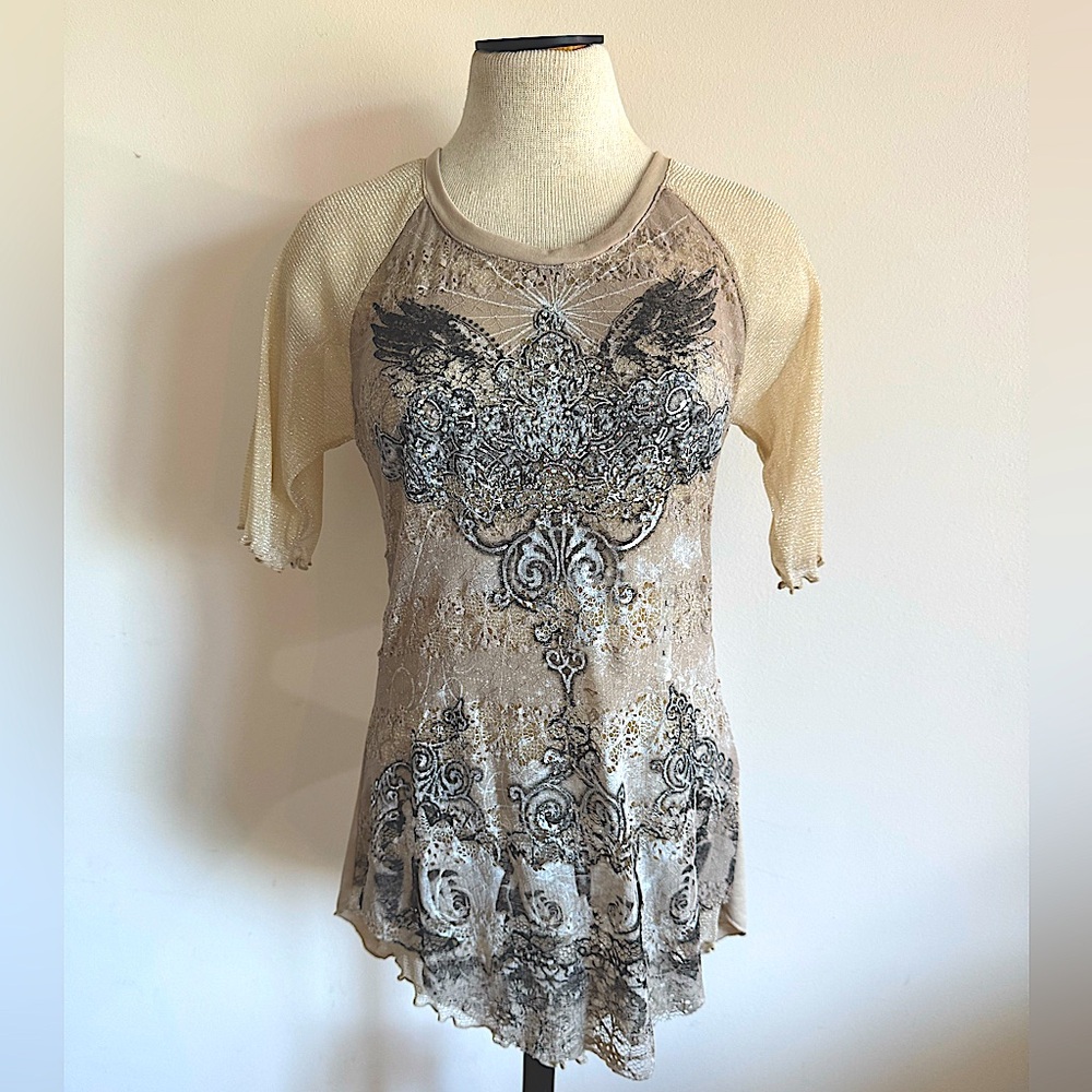 ANGELS & DIAMONDS Gold Cream Shimmer Short Sleeve Top Y2K Tee Large NWOT
